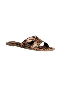 Chanclas planas de estampado de leopardo, con un diseño de tiras cruzadas y punta abierta, fabricadas en material sintético suave.