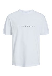 White cotton t-shirt featuring a crew neck and short sleeves, with "JACK & JONES" printed in black capital letters across the chest.