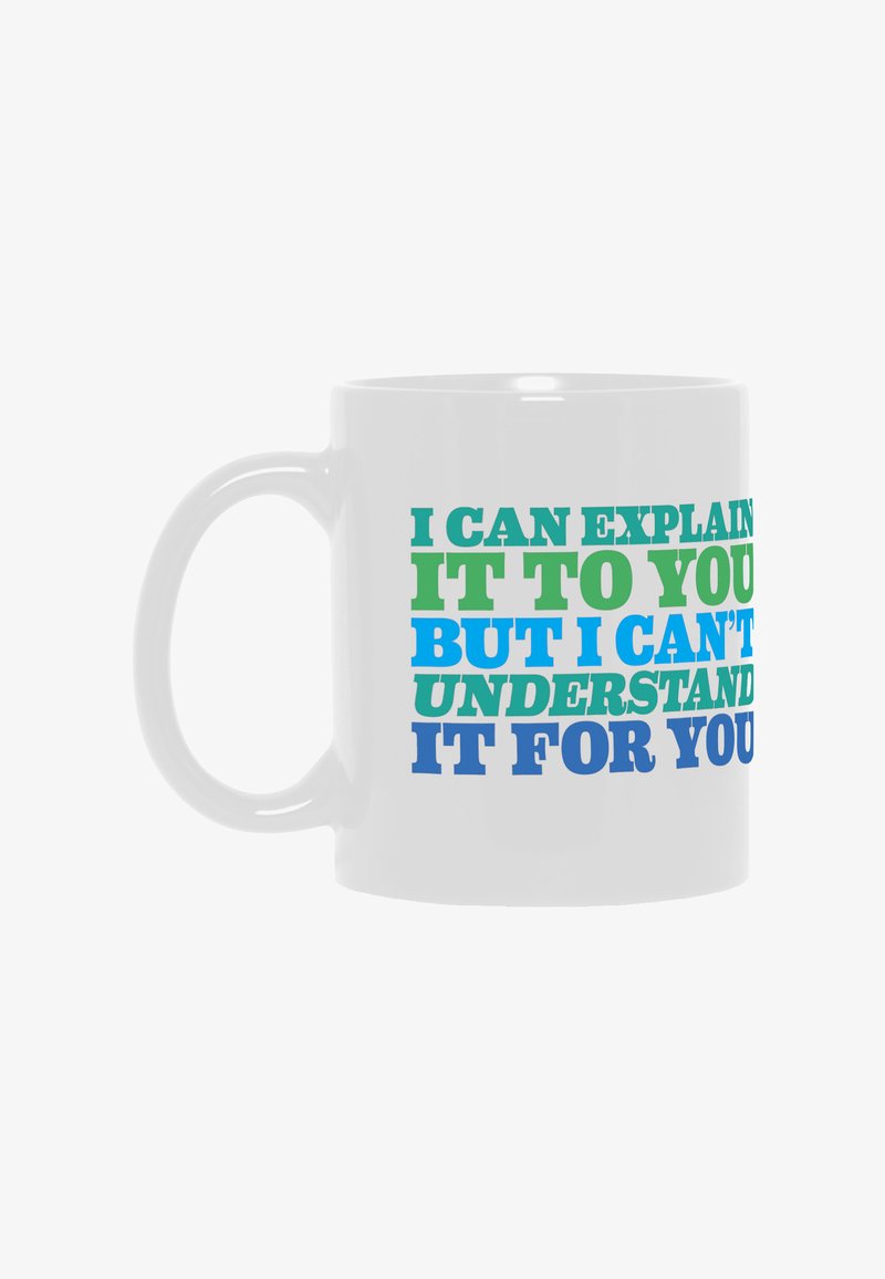 Taza de cerámica blanca con texto en negrita en verde y azul: "PUEDO EXPLICÁRTELO PERO NO PUEDO ENTIENDELO POR TI."
