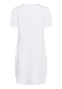 Weißes Kurzarmkleid aus leichtem Stoff. Mit Rundhalsausschnitt und einer subtilen strukturierten Oberfläche. Schlichtes und geradliniges Design.