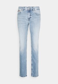 Helle blaue Denim-Jeans mit geradem Bein, mit subtiler Ausbleichung, fünf Taschen und einem dekorativen Stich auf der Vorderseite.