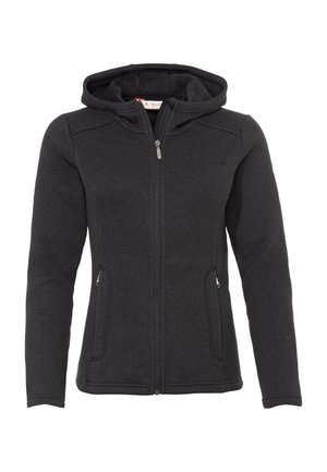 Veste polaire noire zippée avec capuche et deux poches latérales zippées, coupe ajustée et manches longues.