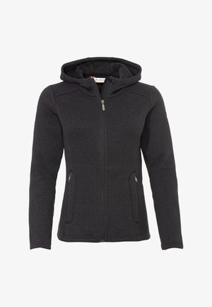 Giacca in pile nera con zip, cappuccio e due tasche laterali con zip, taglio aderente e maniche lunghe.