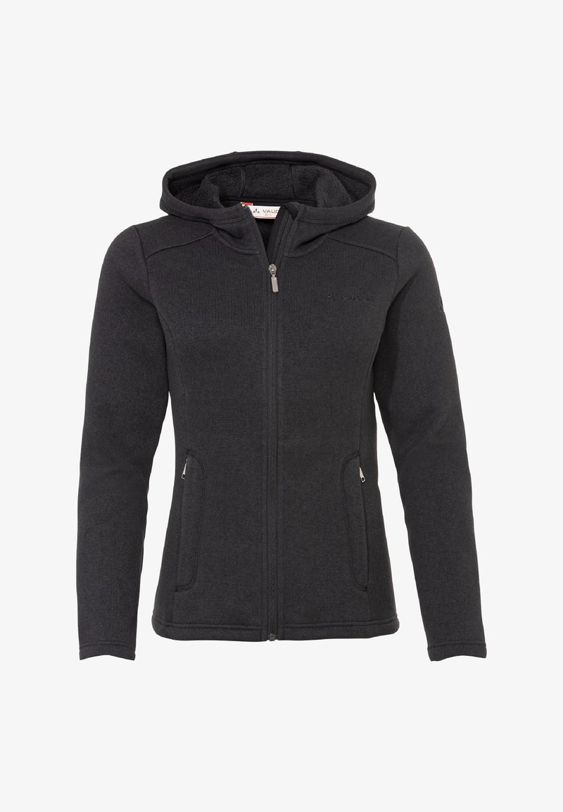 Veste polaire noire zippée avec capuche et deux poches latérales zippées, coupe ajustée et manches longues.