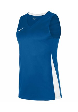 Canotta sportiva blu senza maniche con scollo a V, pannelli laterali bianchi a contrasto e un piccolo logo Nike bianco sul lato sinistro superiore.
