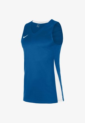 Maillot de sport sans manches bleu avec un col en V, panneaux latéraux blancs contrastants et un petit logo Nike blanc en haut à gauche.