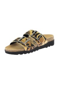 Sandalias tipo slip-on con estampado de leopardo, dos correas ajustables, plantilla de corcho, suela de goma texturizada y detalles metálicos.