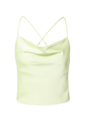 Lichtgroene satijnen camisole met dunne, gekruiste bandjes, een veelkleurige halslijn en een glad, strak textuur. Geen extra versieringen.