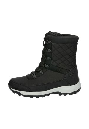 Black winter boot with white sole, quilted ankle section, lace-up front, and rugged tread designed for outdoor use in cold weather.