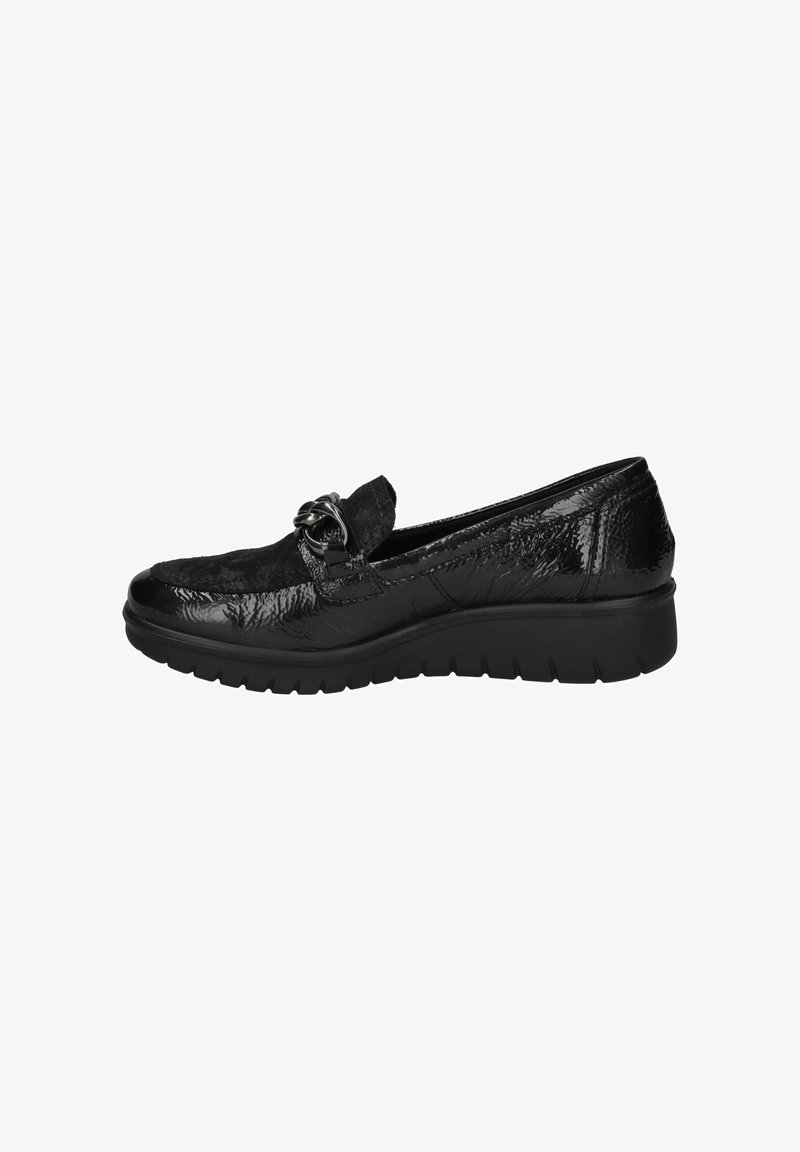 Black loafers with a patent finish, featuring a suede accent and metal hardware detail. Thick black sole with textured tread for grip.