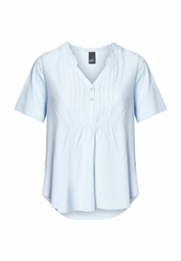 Top azzurro chiaro a maniche corte con scollatura a V, caratterizzato da pieghe frontali e chiusura a bottone. Tessuto morbido con una vestibilità rilassata e orlo curvo.