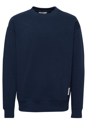 Marineblauwe sweatshirt met ronde halslijn, ribgebreide manchetten en onderrand. Gemaakt van gestructureerde stof en voorzien van een klein label aan de zijkant.
