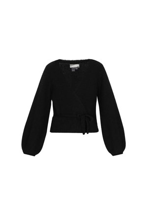 Maglione avvolgente nero in tessuto fuzzy con maniche lunghe a palloncino e cintura in tessuto legata in vita, taglia XS/S.