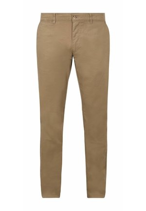 Slim-fit khaki trousers with belt loops, front button closure, and side pockets, displayed against a white background.