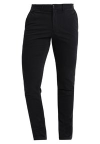 Pantaloni neri slim-fit realizzati in un tessuto di cotone misto, con tasche frontali, chiusura con bottone e dettagli di cucitura sottili sulla parte anteriore.