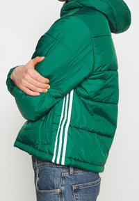 Zelená péřová bunda s kapucí, se svislými bílými pruhy po stranách. Vyrobena z lesklého, pro�šívaného materiálu s volným střihem.