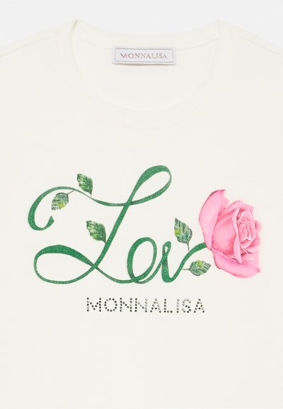 Rövid ujjú tejszínszínű póló, zöld csillámból készült írott "Lei" felirattal, rózsaszín rózsa grafikával és "MONNALISA" strasszkövekkel az alján.