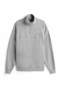 Grijze quarter-zip sweatshirt van een zachte katoenmix, met een hoge kraag, geribbelde manchetten en een klein logo op de borst.