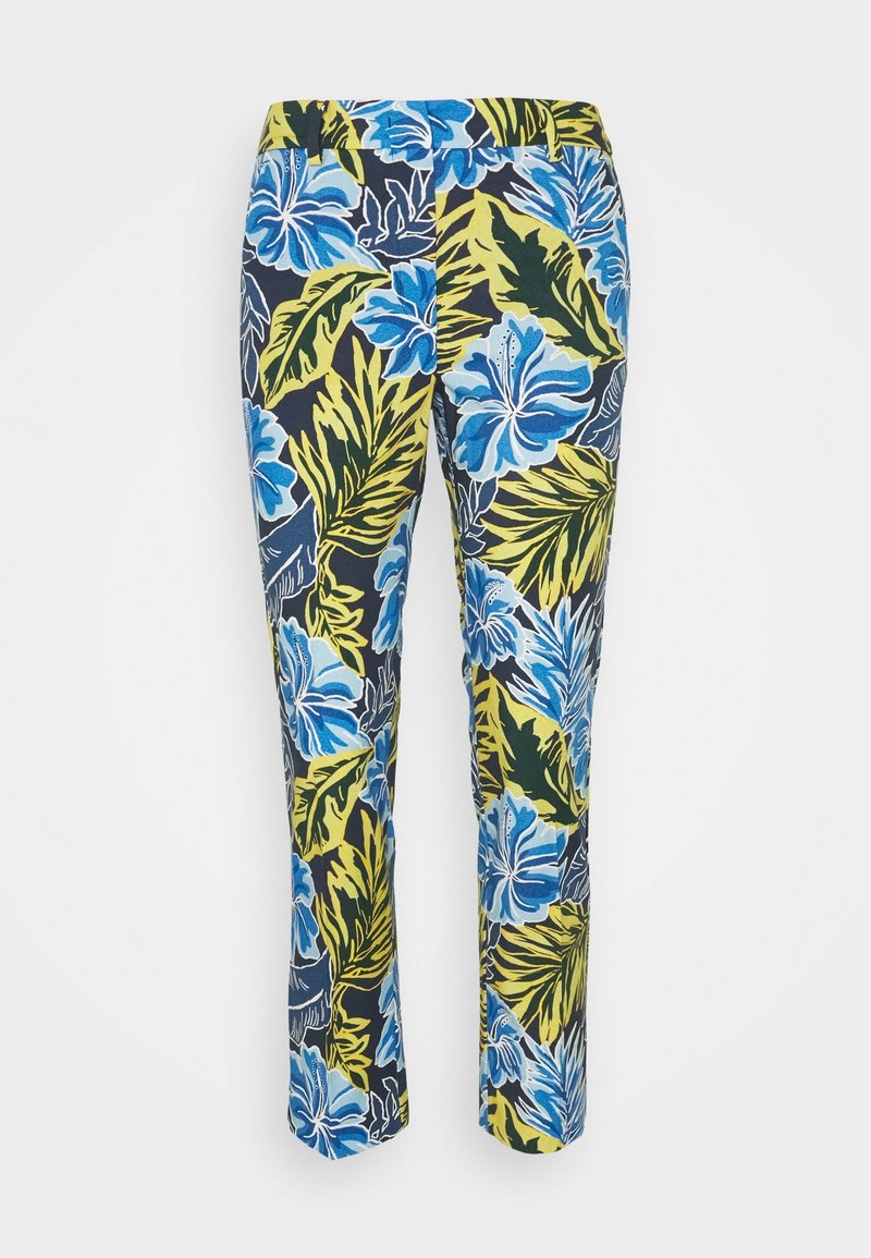 Pantalon avec imprimé floral tropical bleu et vert, présentant de grandes feuilles et des fleurs d'hibiscus sur un fond sombre.