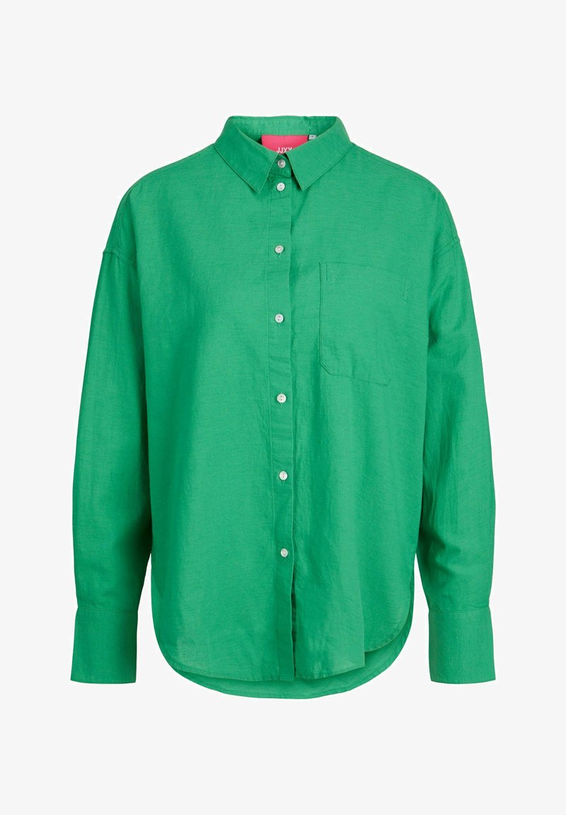 Camicia verde con bottoni realizzata in un tessuto leggero, dotata di colletto, maniche lunghe, taschino sul petto e orlo arrotondato.
