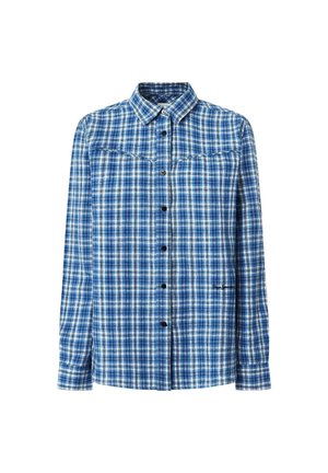 Blauwe en witte geruite knopshirt met lange mouwen, kraag en zwarte knopen. Bevat borstzakken en een gestructureerde stof.