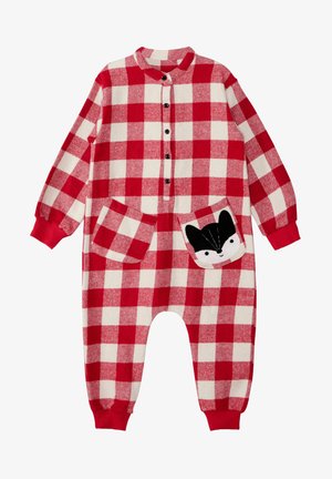 Rot und weiß kariertes Strampler aus weichem Stoff, mit einer vorderen Tasche im Fuchsdesign und schwarzen Knöpfen auf der Vorderseite.
