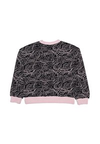 Felpa nera con motivo a righe bianche, polsini e colletto a coste rosa, e vestibilità comoda. Tessuto morbido.