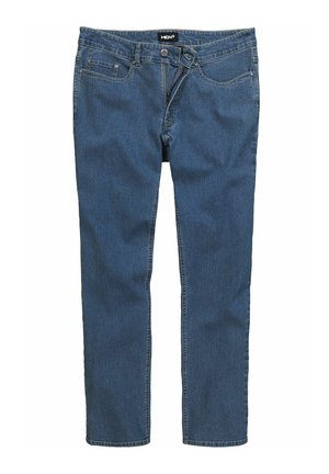 Dunkelblaue Jeans mit geradem Bein, fünf Taschen, einem Reißverschluss vorne und Metallknopfverschluss. Schlichtes Design, keine Muster.