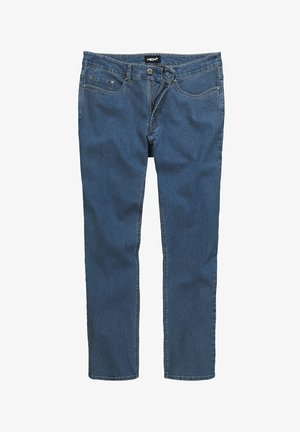 Jeans de mezclilla azul oscuro con corte recto, que presentan cinco bolsillos, cremallera frontal y cierre de botón metálico. Diseño liso, sin patrones.