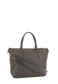 Szara torba tote w wzory z podwójnymi uchwytami i odpinanym paskiem na ramię. Posiada zamek błyskawiczny oraz akcenty w kolorze złotym.