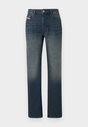 Blauwe denim jeans met rechte pijpen, een vervaagde wassing, knoop- en ritssluiting aan de voorkant, en een ontwerp met vijf zakken.