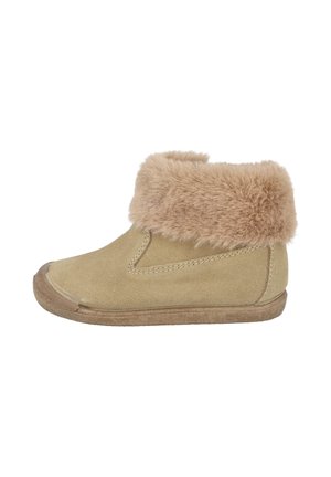 Botas de tobillo beige con suave forro de piel sintética, material de ante, puntera redondeada y suela de goma texturizada. Acentos de costura simples.