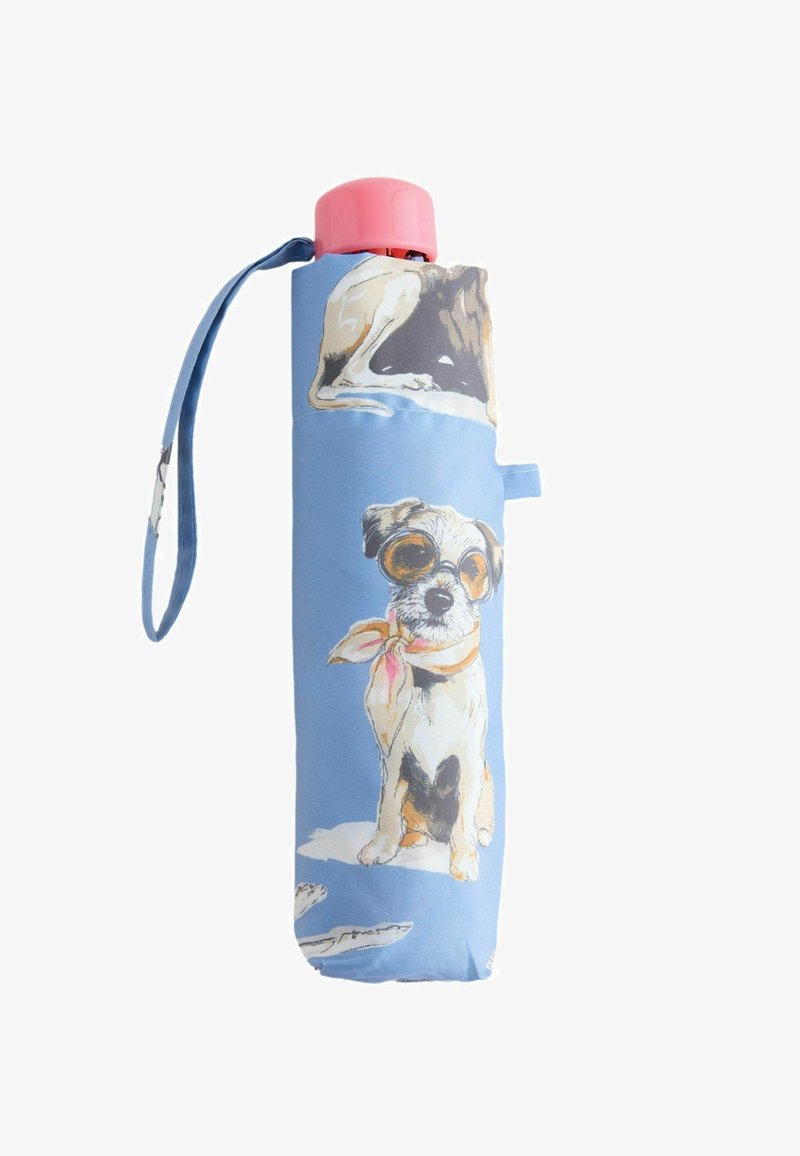 Kompaktowa składana parasolka z niebieskim pokrowcem, na którym znajduje się mały pies w okularach przeciwsłonecznych i szaliku, różowa rączka oraz pasek na nadgarstek.