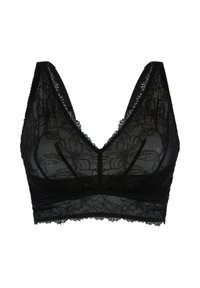Sort blonde bralette med V-hals-design, blomsterprint, bølgede kanter og brede stropper. Let og semi-gennemsigtigt materiale.