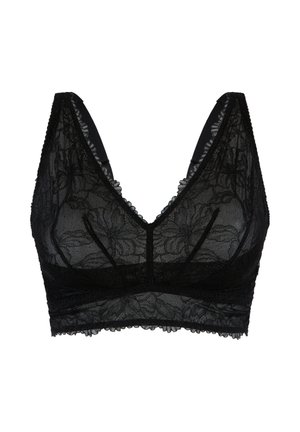 Zwarte kanten bralette met een V-halsontwerp, bloemenpatroon, gekartelde randen en brede bandjes. Lichtgewicht en semi-doorzichtig materiaal.