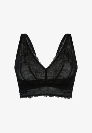 Czarny koronkowy biustonosz braletka z dekoltem w kształcie litery V, kwiatowym wzorem, falbankami i szerokimi ramiączkami. Lekki i półprzezroczysty materiał.