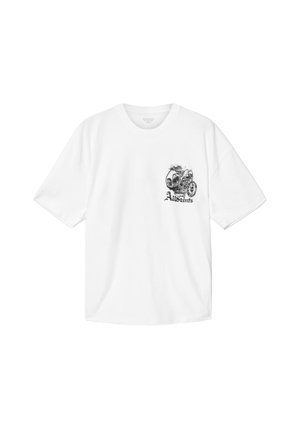 Tricou alb din bumbac cu decolteu rotund și mâneci scurte. Prezintă un grafic cu o motocicletă neagră și textul "Allsaints" pe partea din față.