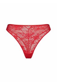 Czerwony string z koronką w kwiatowy wzór, o miękkiej teksturze, cienkich paskach w talii i małym serduszkowym akcentem na środku przodu.