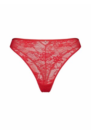 Czerwony string z koronką w kwiatowy wzór, o miękkiej teksturze, cienkich paskach w talii i małym serduszkowym akcentem na środku przodu.