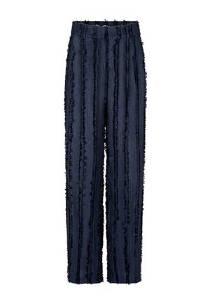 Marineblauwe wijde broek met een rafelige textuur en verticale strepen. Gemaakt van een zachte stof met een elastische tailleband voor extra comfort.