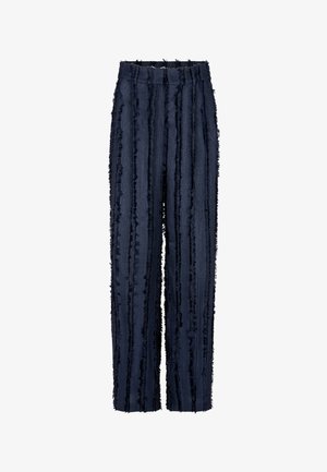 Himmelblaue weit geschnittene Hose mit fransiger Textur und vertikalen Streifen. Hergestellt aus einem weichen Stoff mit einem elastischen Taillenbund für zusätzlichen Komfort.