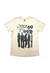 Cotton t-shirt, off-white, featuring black graphic print of The Beatles, including text elements and a submarine illustration.