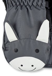 Graue Stoffhandschuh mit einem weißen Cartoon-Esel-Gesicht, das schwarze Augen, ein Lächeln und auffällige weiße Ohren zeigt. Texturierte Oberfläche mit elastischem Detail.