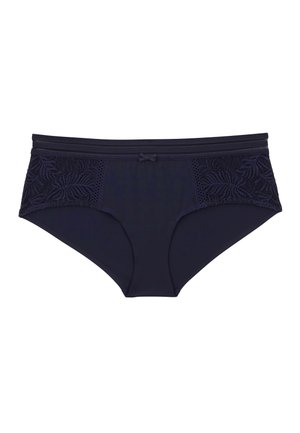 Sous-vêtements bleu marine présentant une ceinture lisse, des accents en dentelle sur les côtés et un petit nœud central. Tissu doux et extensible.