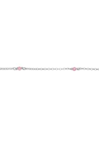Bracciale in argento sterling con una delicata catena e tre cristalli rosa distribuiti uniformemente, che mette in risalto un design minimale e una fine texture.