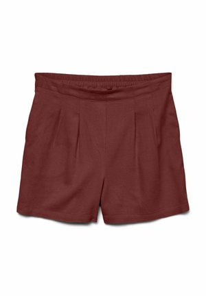 Bordeauxrode damesshorts met elastische tailleband, voorsmouwen en brede pijpopeningen, getoond op een witte achtergrond.