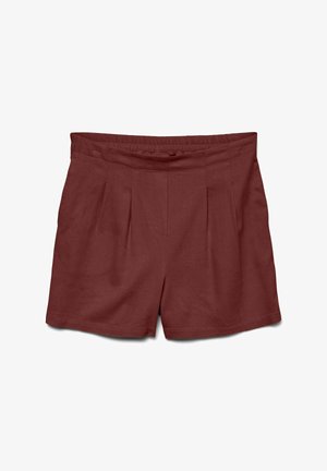 Bordeauxrode damesshorts met elastische tailleband, voorsmouwen en brede pijpopeningen, getoond op een witte achtergrond.