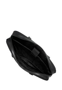Zwarte tas met ritssluiting, met een gestructureerde buitenkant, ruime binnenkant en een stoffen voering met een subtiel patroon.