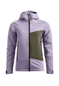 Light purple jacket with a hood, featuring green accents. Made from smooth fabric with a mix of colors and black zip closures.