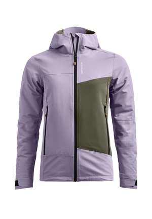 Helllila Jacke mit Kapuze, mit grünen Akzenten. Hergestellt aus glattem Stoff mit einer Farbmischung und schwarzen Reißverschlüssen.